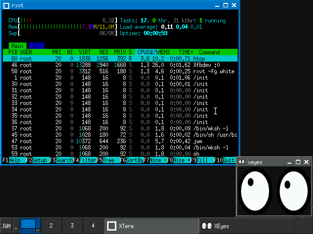 X11 desktop on Dreamcast Linux: JWM with htop in rxvt and xeyes